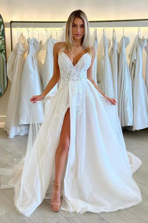 Luolandi A Line V Neck Organza Long Wedding Dresses with Appliques And Slit Beautiful
